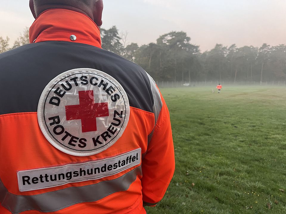 Eine Einsatzkraft in Einsatzkleidung wird von hinten gezeigt, wie sie einem Rettungshunde-Team zusieht. Auf dem Rücken ist das DRK-Logo und die Aufschrift "Rettungshundestaffel" zu lesen.