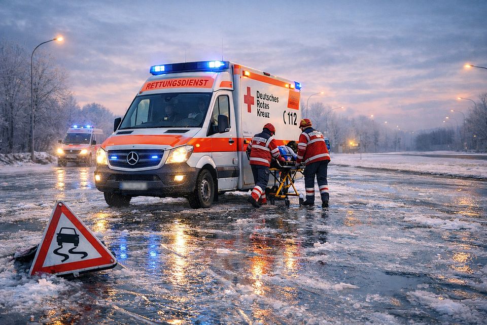 Ein per KI generiertes Bild, bei dem ein Rettungswagen mit Einsatzkräften im Einsatz bei erheblicher Straßenglätte dargestellt wird.